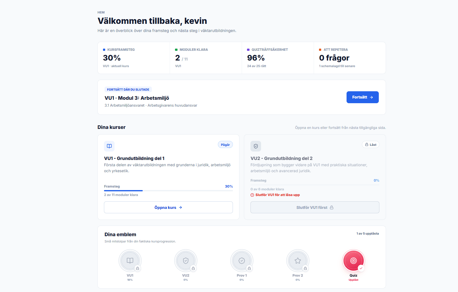Vaktskolans elevöversikt med kursframsteg, nästa steg och emblem